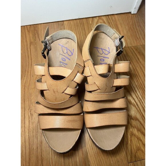 Blowfish Malibu Sandals Womens Size 8.5 Tan Wedge Cork Platform Strappy Buckle - Picture 10 of 12